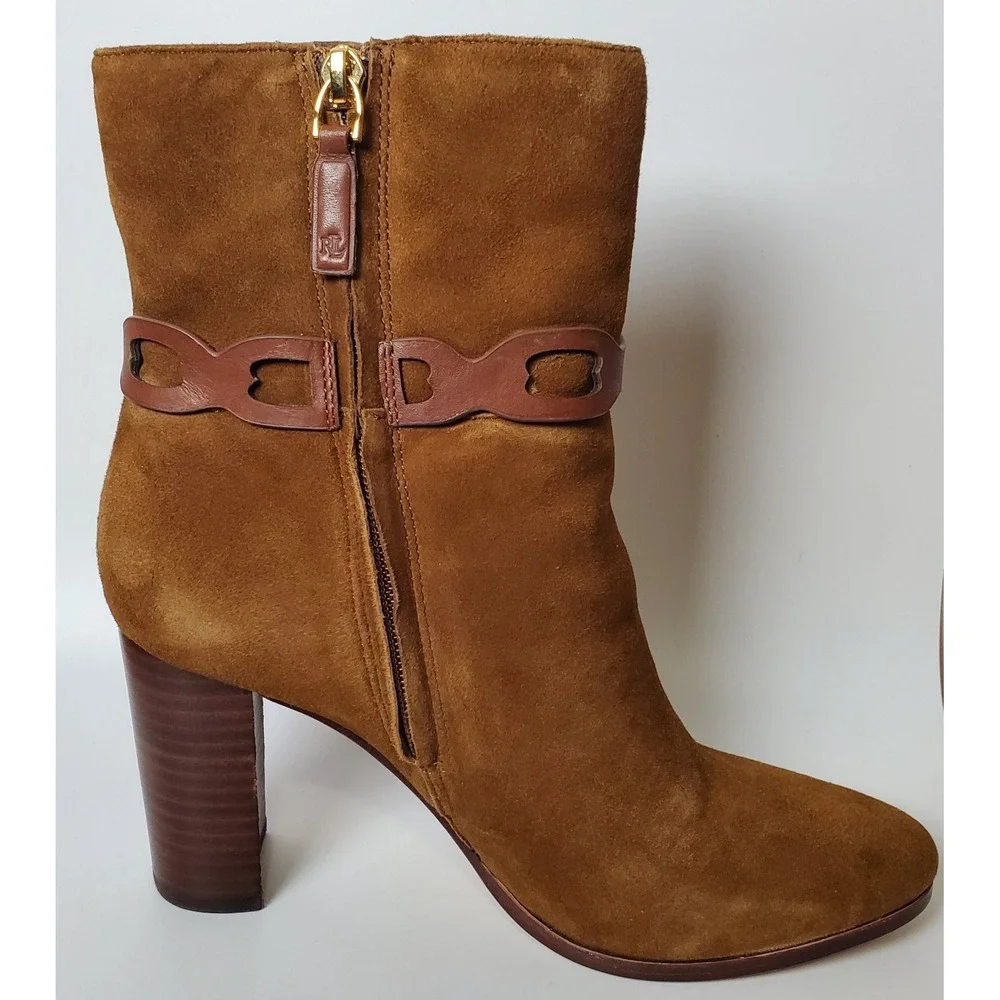 Ralph Lauren Abigael Brown Suede Leather‎ Booties Block Heel Classic Equestrian